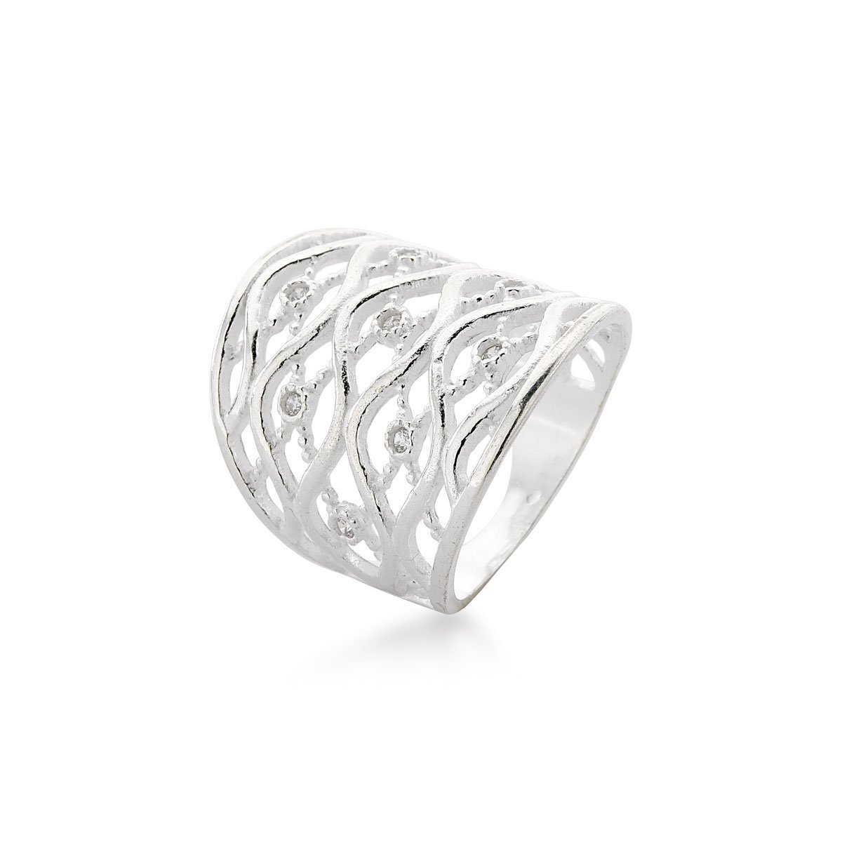 Anel Basico Feminino Com Zirconias Prata 925