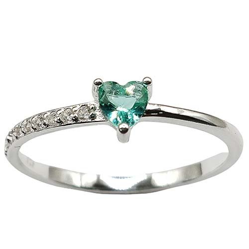Anel Solitario Cravejado Coração Verde Água Prata 925