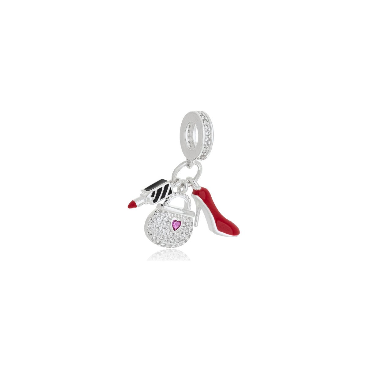 Berloque Sapato Vermelho Bolsa e Batom Prata 925