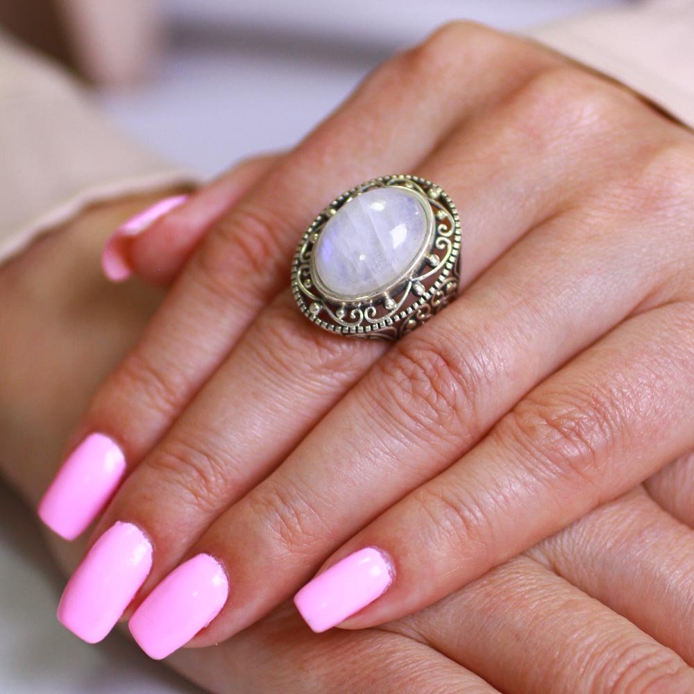 Anel Rendado Pedra da Lua Prata 925 Prata 2