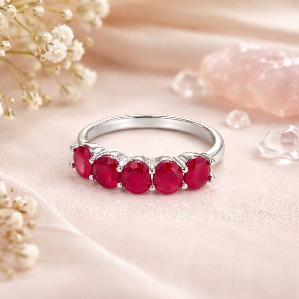 Anel meia Aliança Rubi indiano 7mm Prata 925 Prata 2
