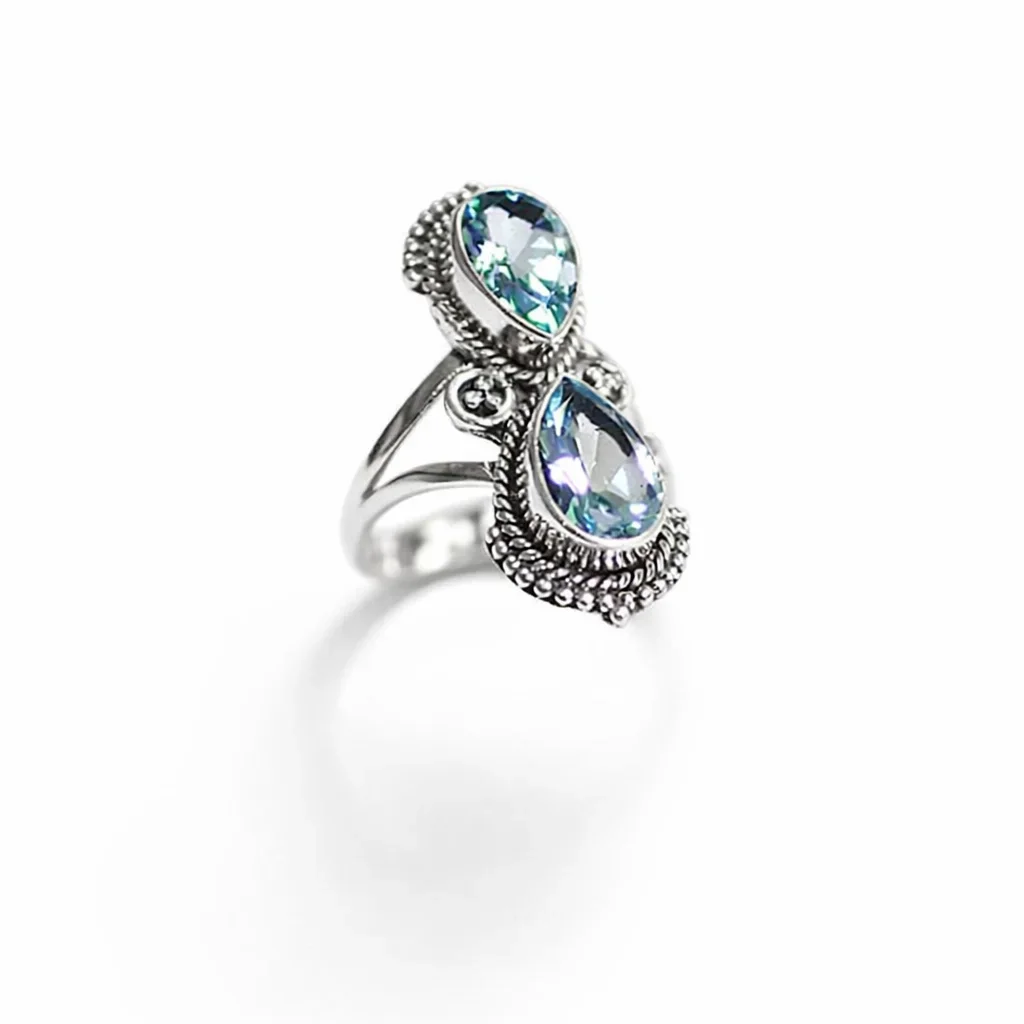 Anel Pedra Indiana Topázio Azul Prata 925