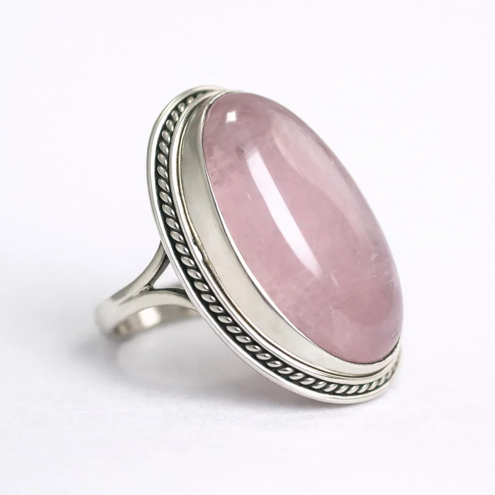 Anel Oval Pedra Natural Quartzo Rosa Prata 925