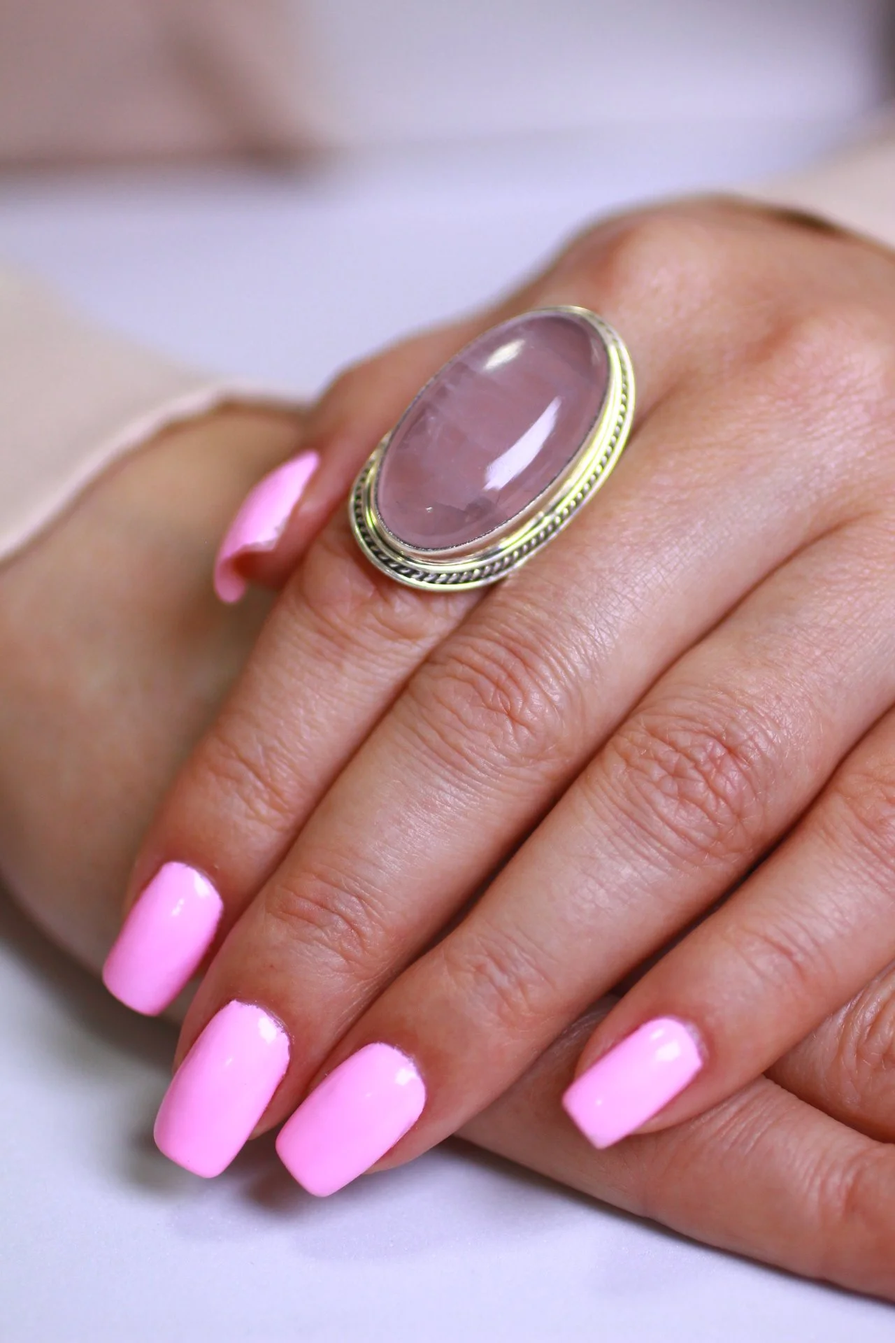 Anel Oval Pedra Natural Quartzo Rosa Prata 925 Prata 2