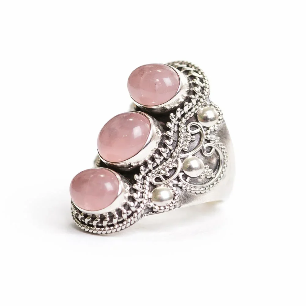 Anel Três Pedras Naturais Ovais Quartzo Rosa Prata 925