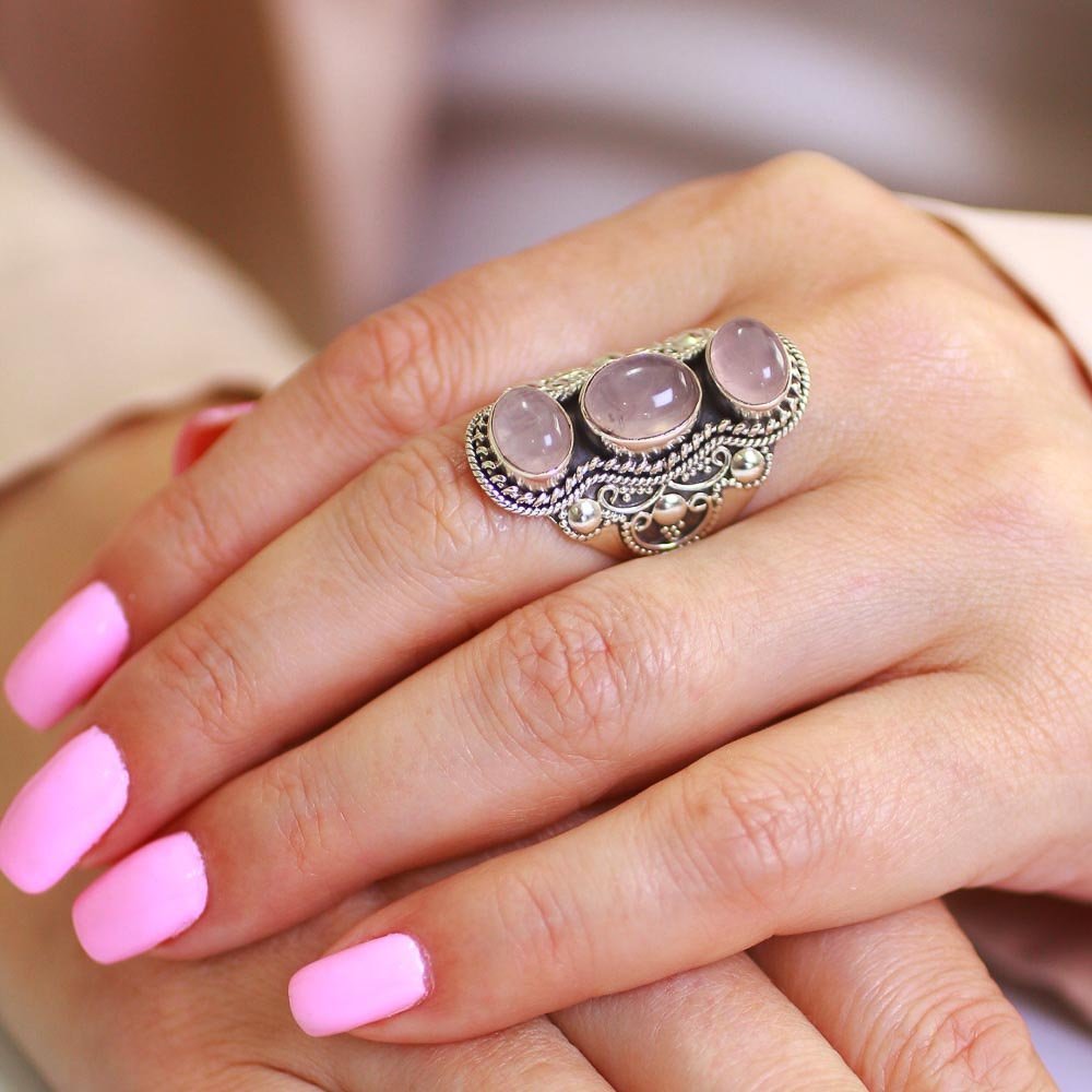 Anel Três Pedras Naturais Ovais Quartzo Rosa Prata 925 Prata 2