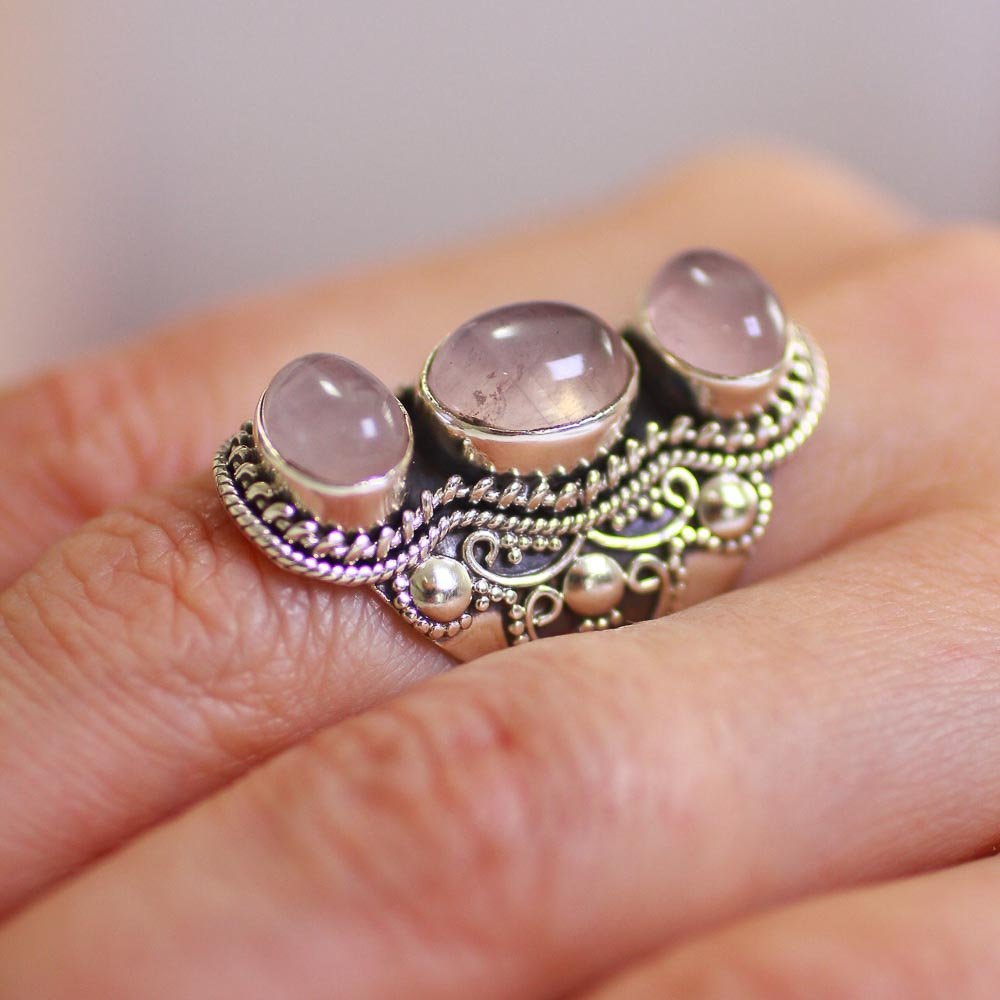 Anel Três Pedras Naturais Ovais Quartzo Rosa Prata 925 Prata 3