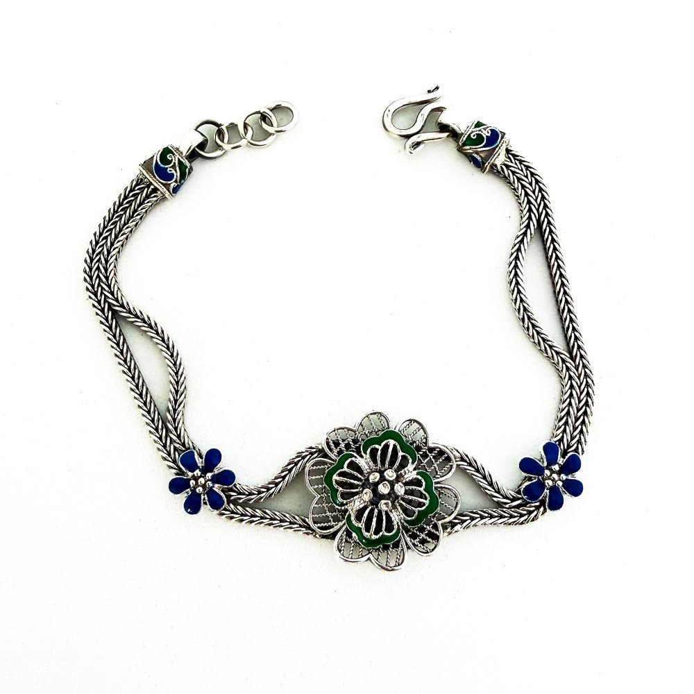 Pulseira Closonet Flor Verde com Azul Prata de Bali 925