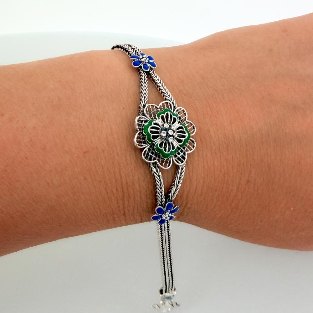 Pulseira Closonet Flor Verde com Azul Prata de Bali 925 Prata 2