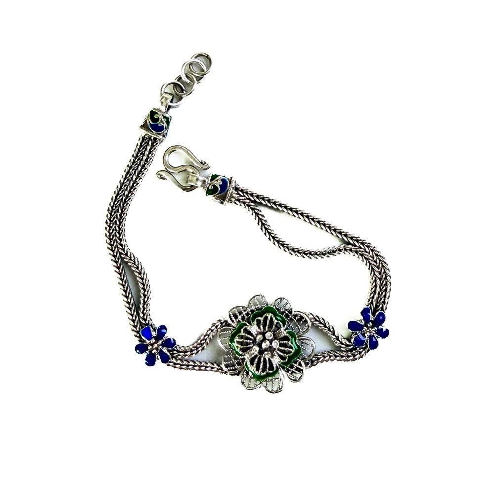 Pulseira Closonet Flor Verde com Azul Prata de Bali 925 Prata 3