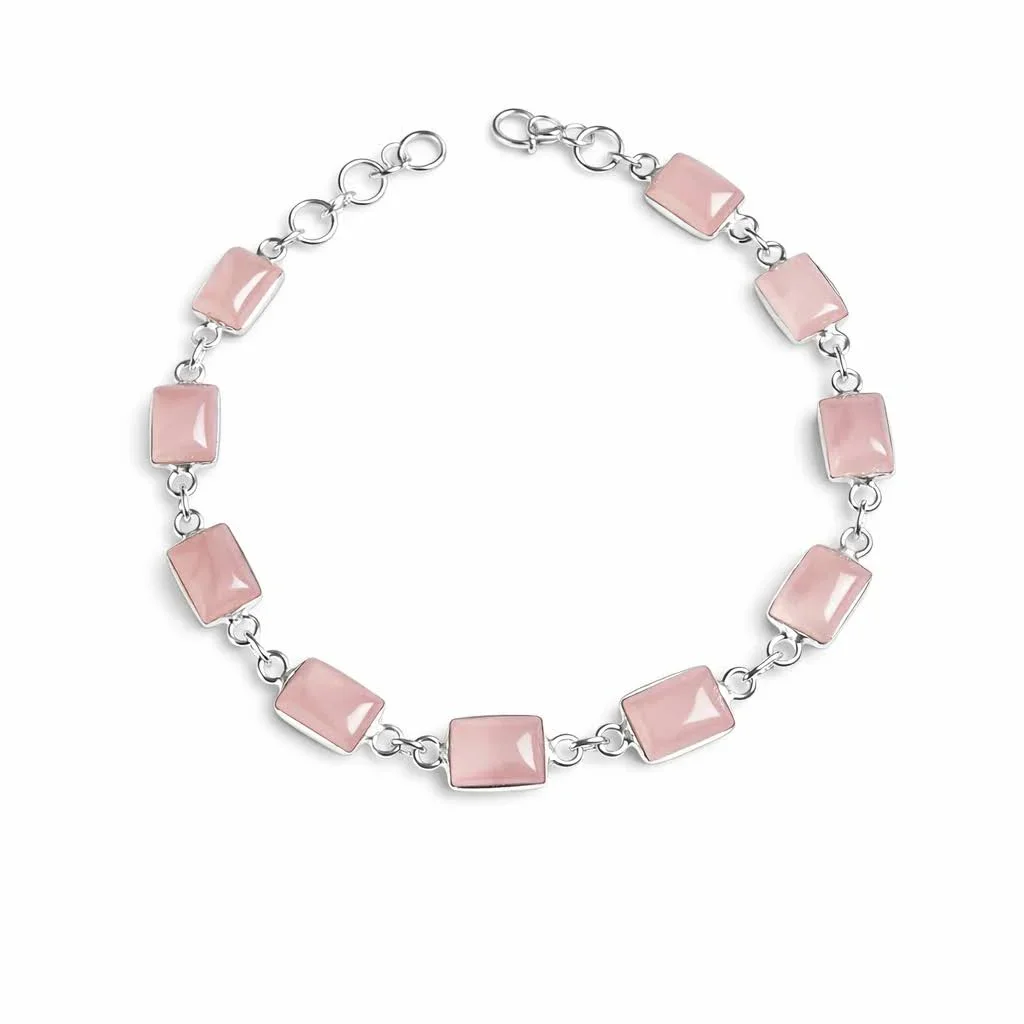 Pulseira Delicada Pedras Naturais Retangulares Prata 925Pe Quartzo Rosa 4