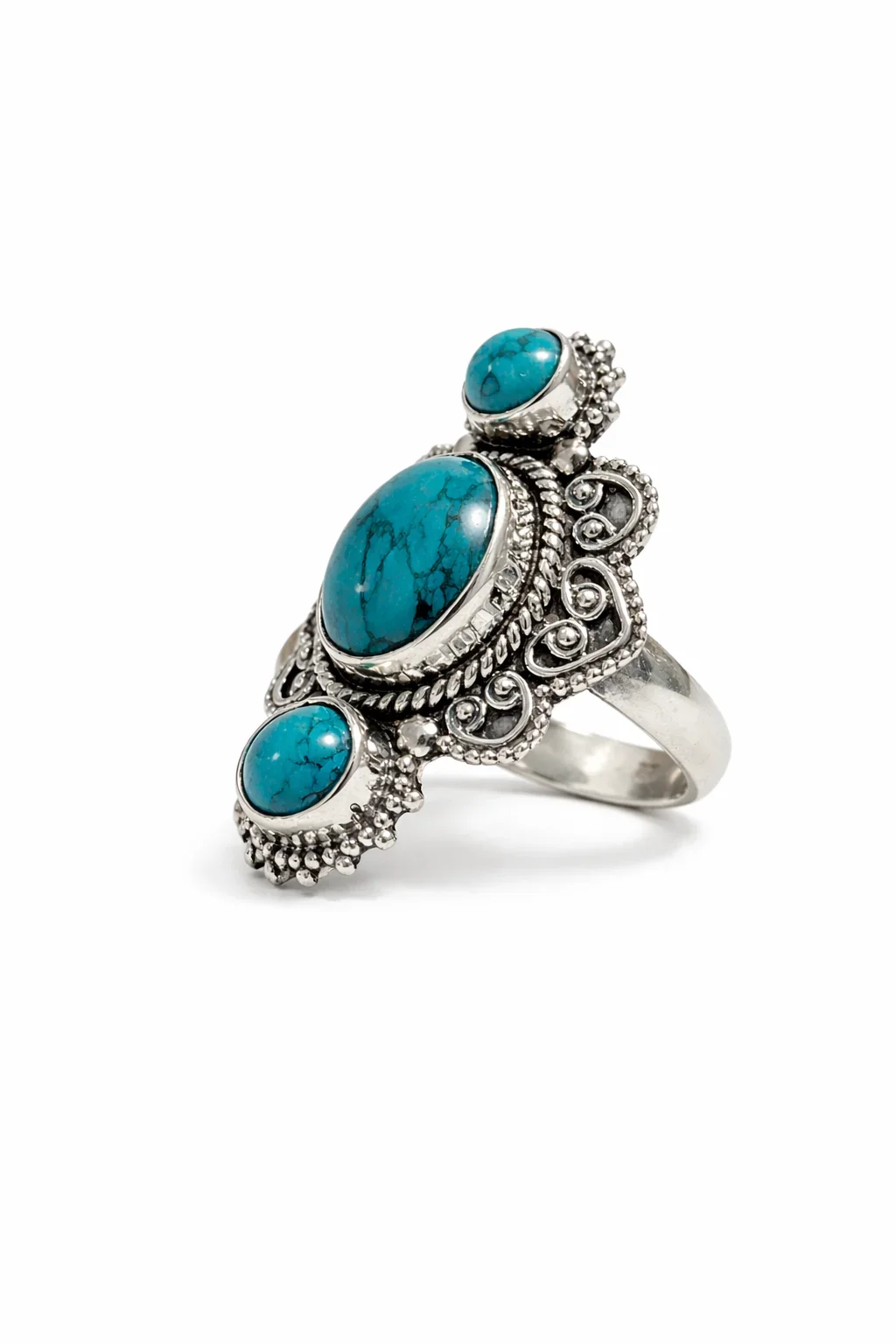 Anel Três Pedras Naturais Turquesa Prata 925