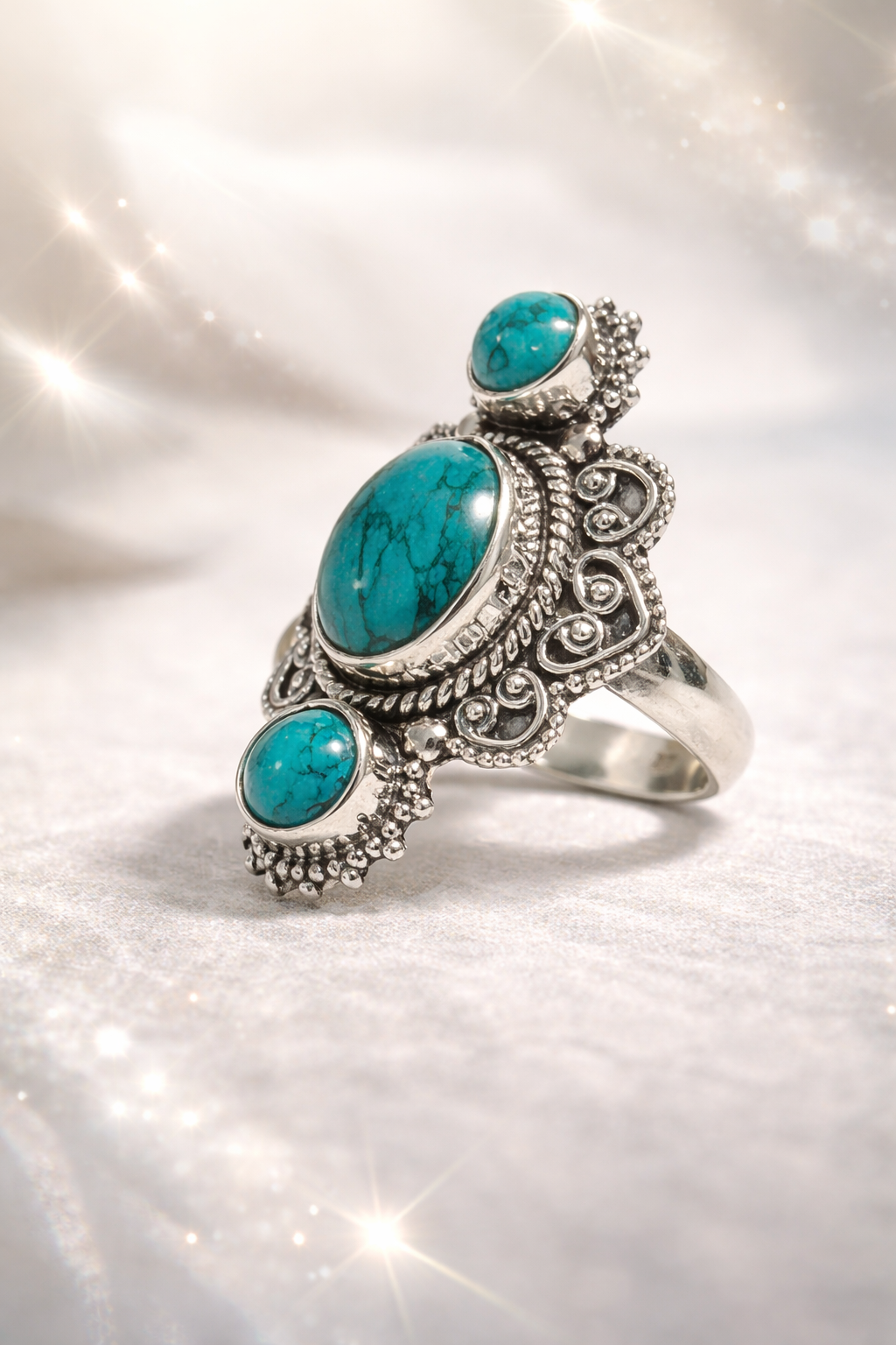 Anel Três Pedras Naturais Turquesa Prata 925 Prata 2