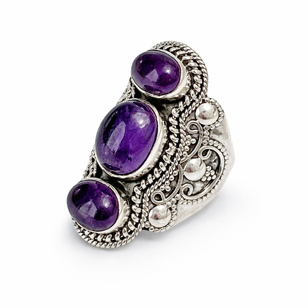 Anel Três Pedras Naturais Ovais Ametista Prata 925