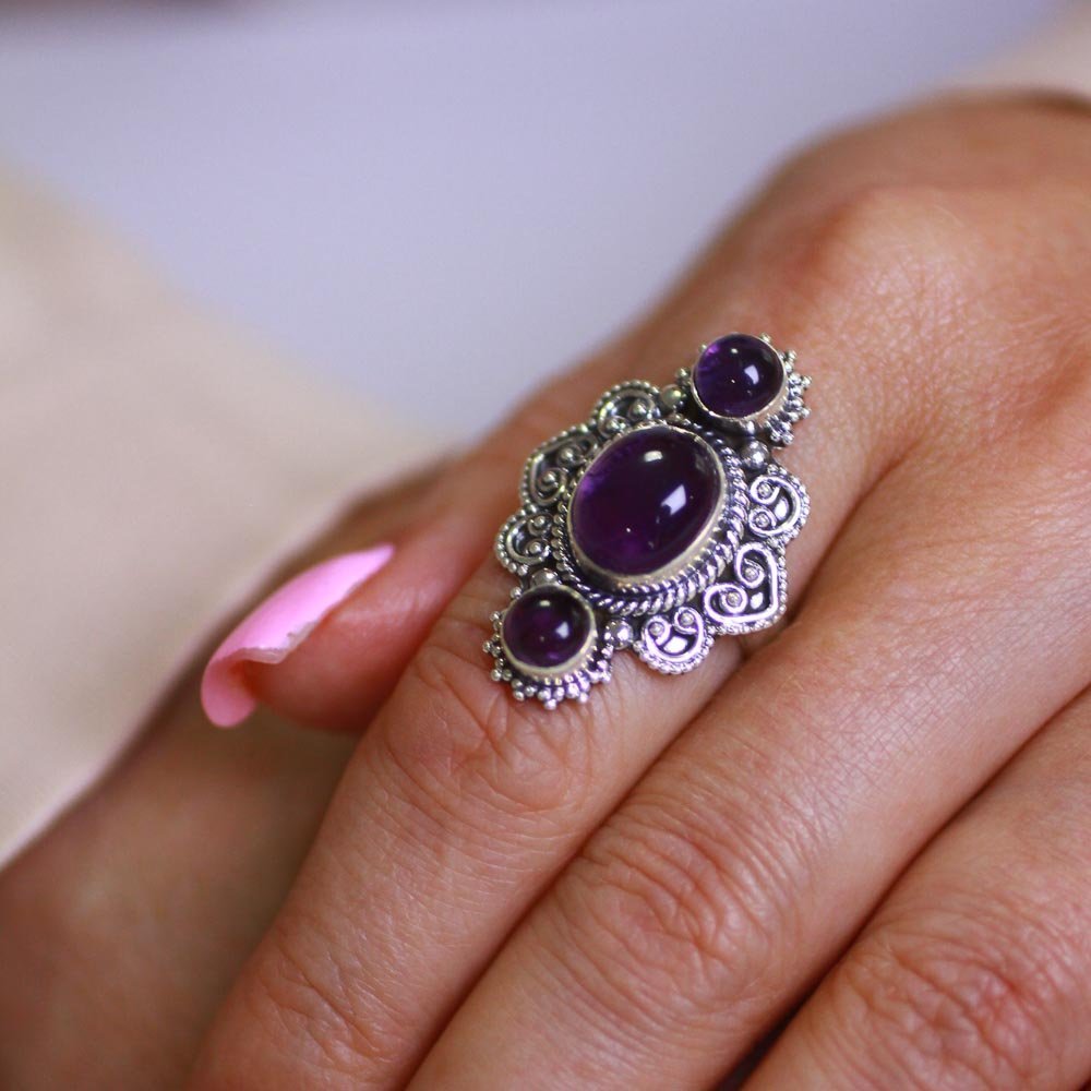 Anel Três Pedras Naturais Ovais Ametista Prata 925 Prata 2