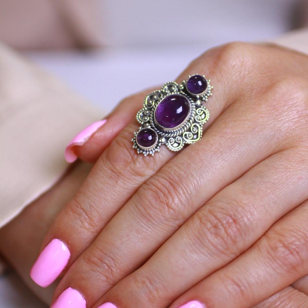 Anel Três Pedras Naturais Ovais Ametista Prata 925 Prata 3