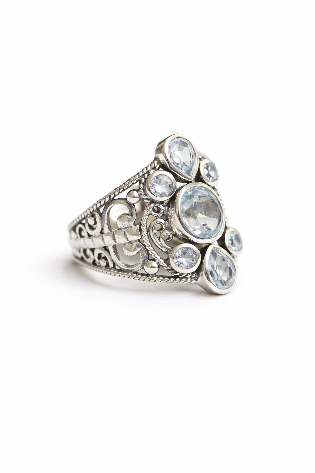 Anel Pedra Topázio Azul Indiano Delicado Prata 925