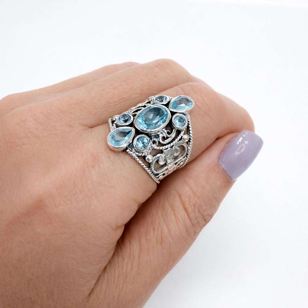 Anel Pedra Topázio Azul Indiano Delicado Prata 925 Prata 2