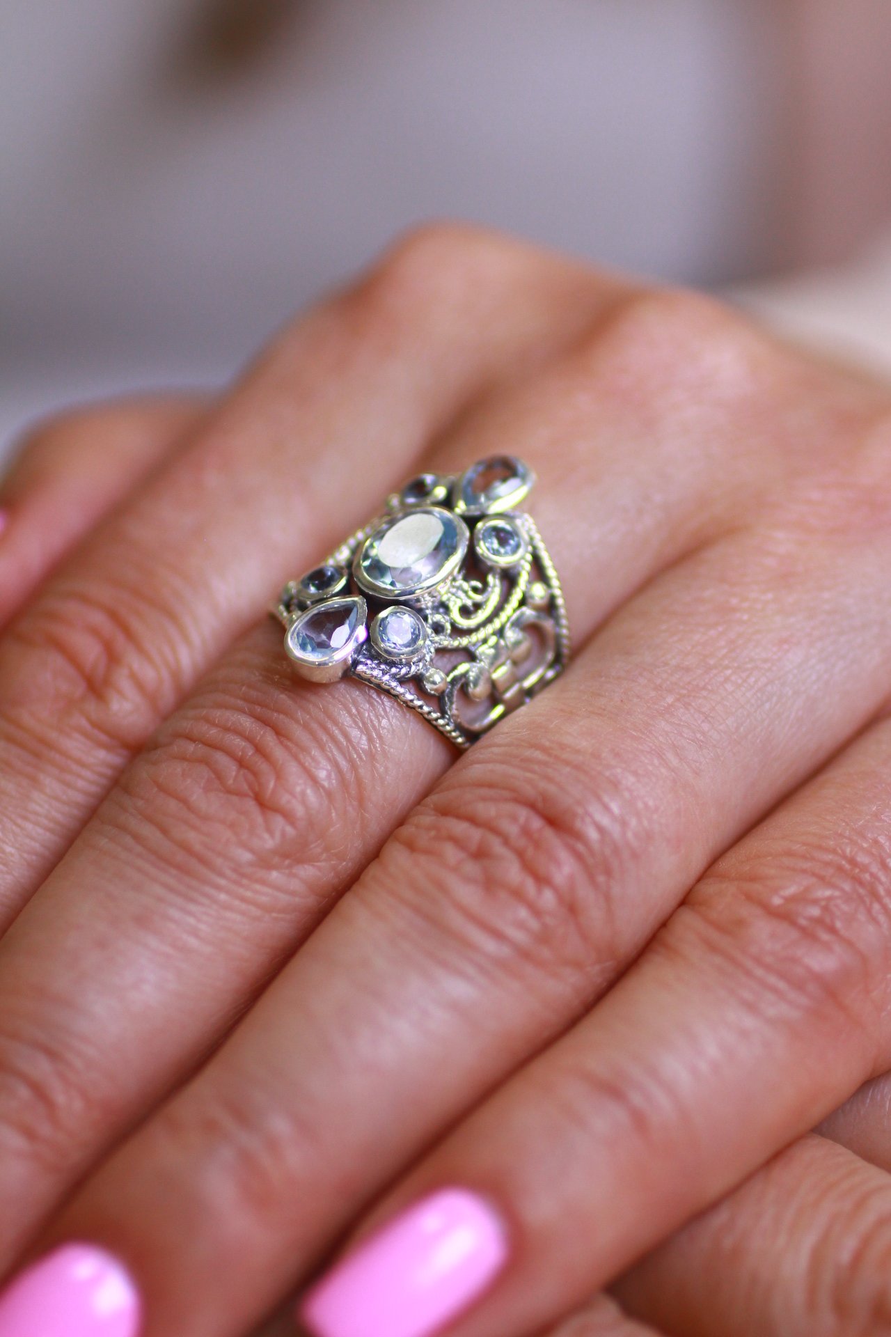 Anel Pedra Topázio Azul Indiano Delicado Prata 925 Prata 3