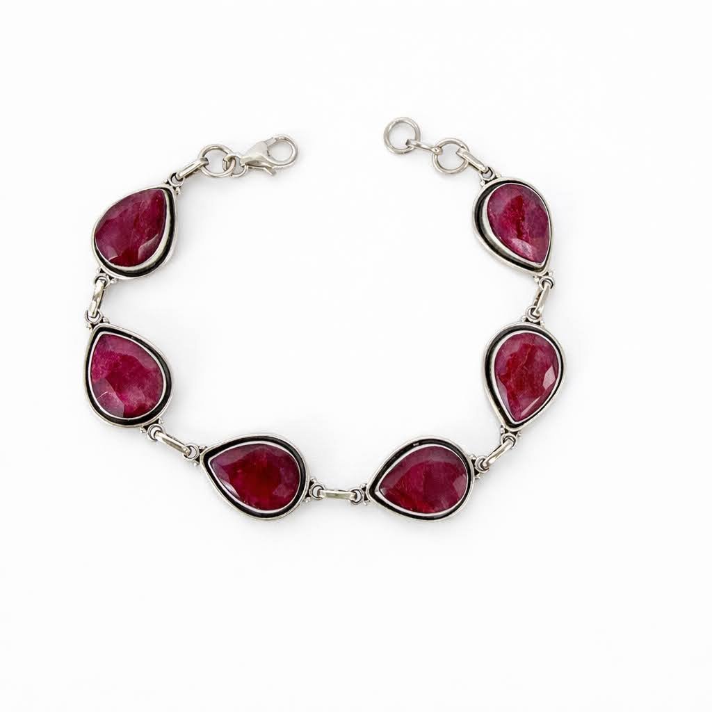 Pulseira Gotas Rubi Indiano Prata de Bali 925