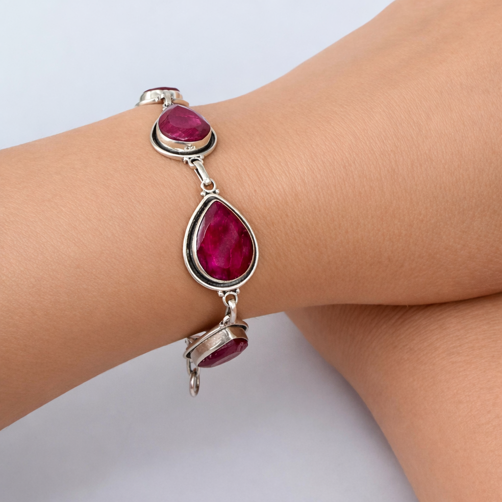 Pulseira Gotas Rubi Indiano Prata de Bali 925 Prata 2