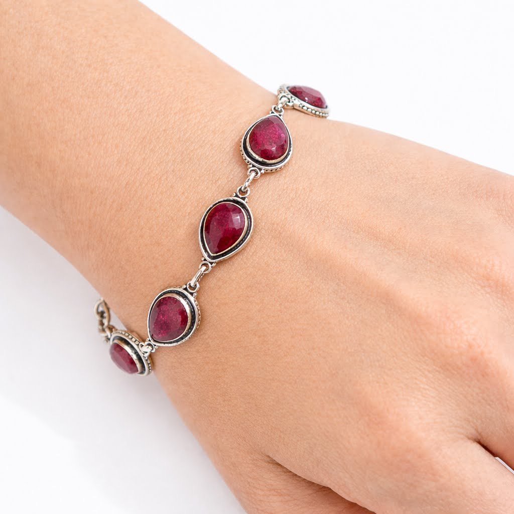 Pulseira Gotas Rubi Indiano Prata de Bali 925 Prata 3