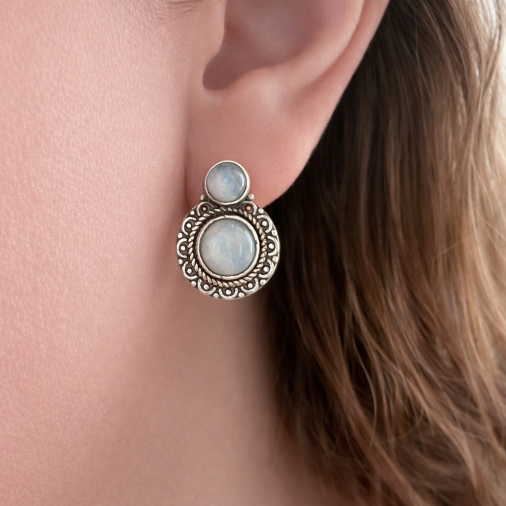 Brincos Redondo Pedra da Lua Natural Prata 925 Branco 3