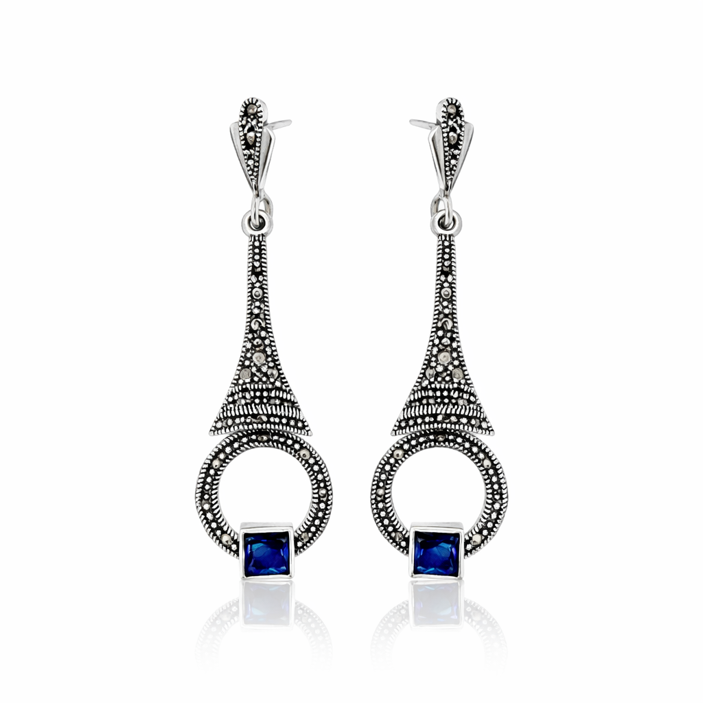 Brinco Longo prata 925 com Marcassitas e Pedras Prata 925