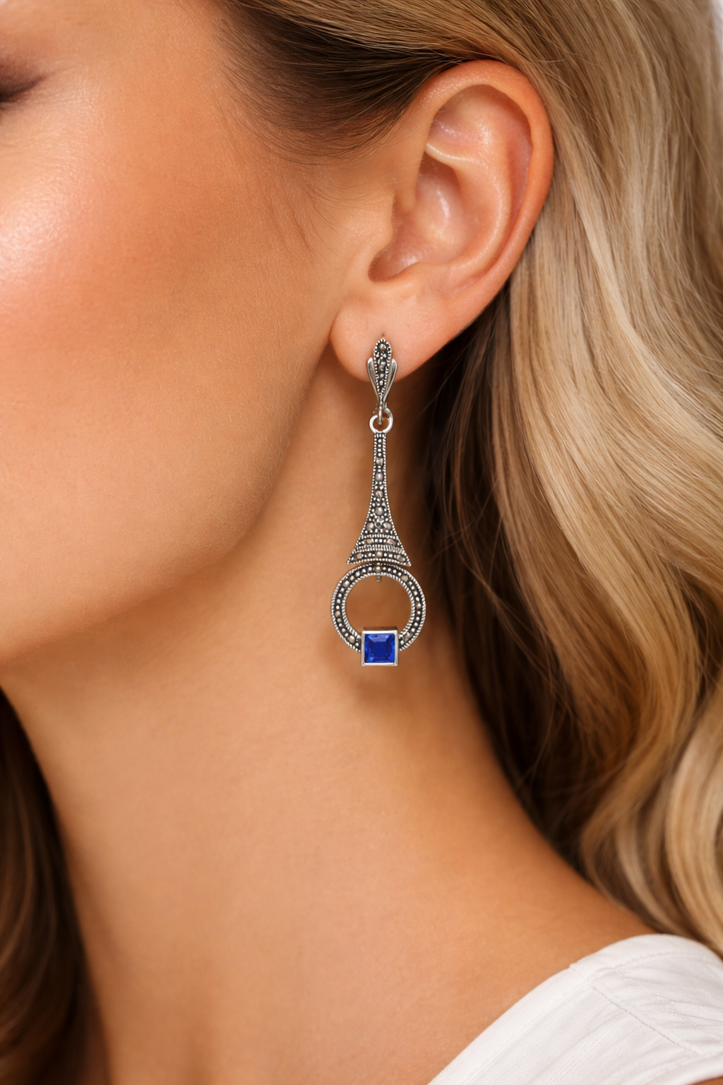 Brinco Longo prata 925 com Marcassitas e Pedras Prata 925 Azul 2