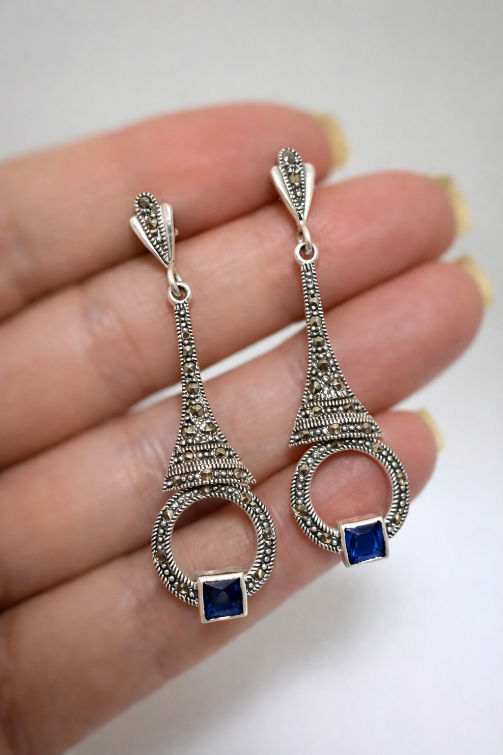 Brinco Longo prata 925 com Marcassitas e Pedras Prata 925 Azul 3