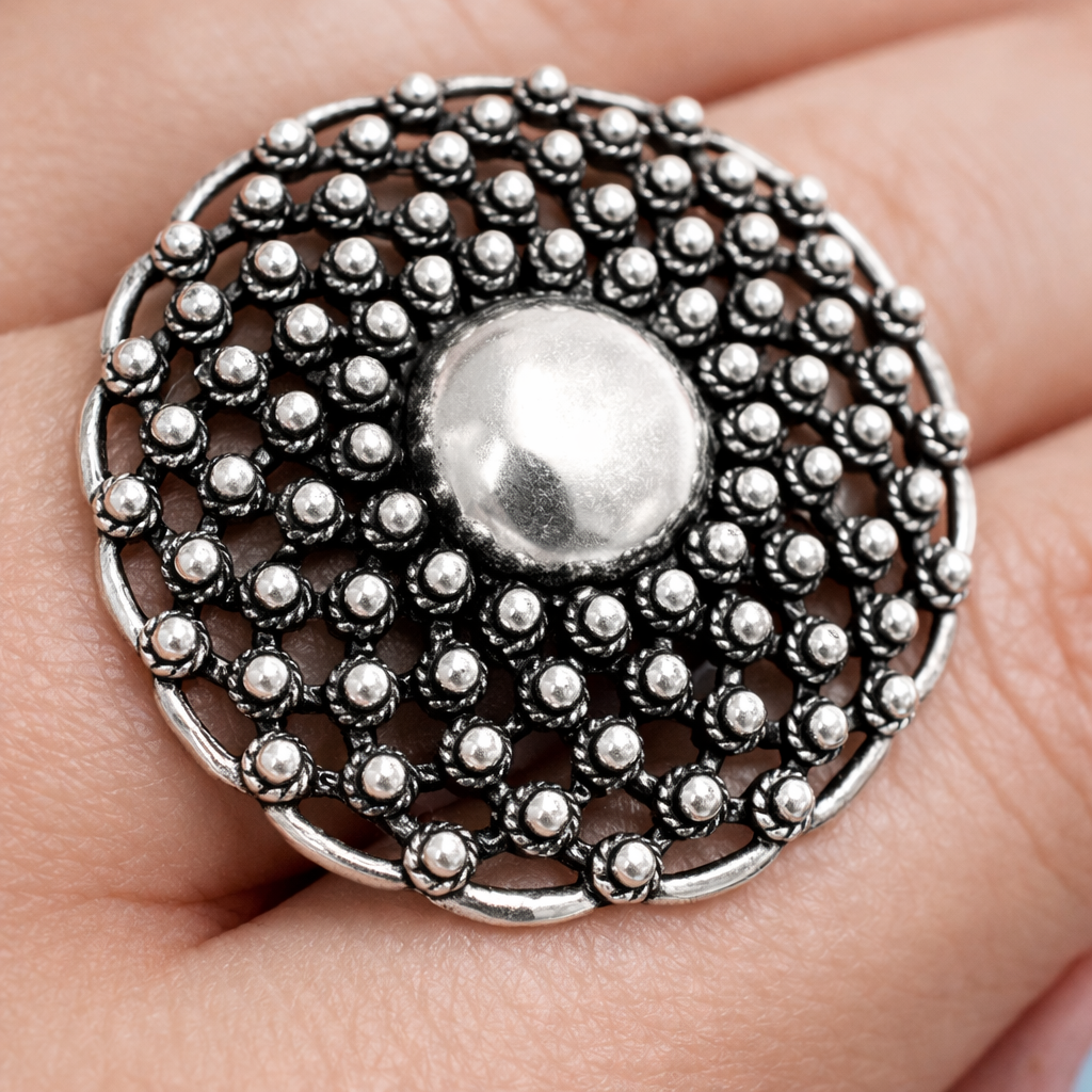 Anel Mandala Ajustavel 3,6cm Prata de Bali 925 Prata 3