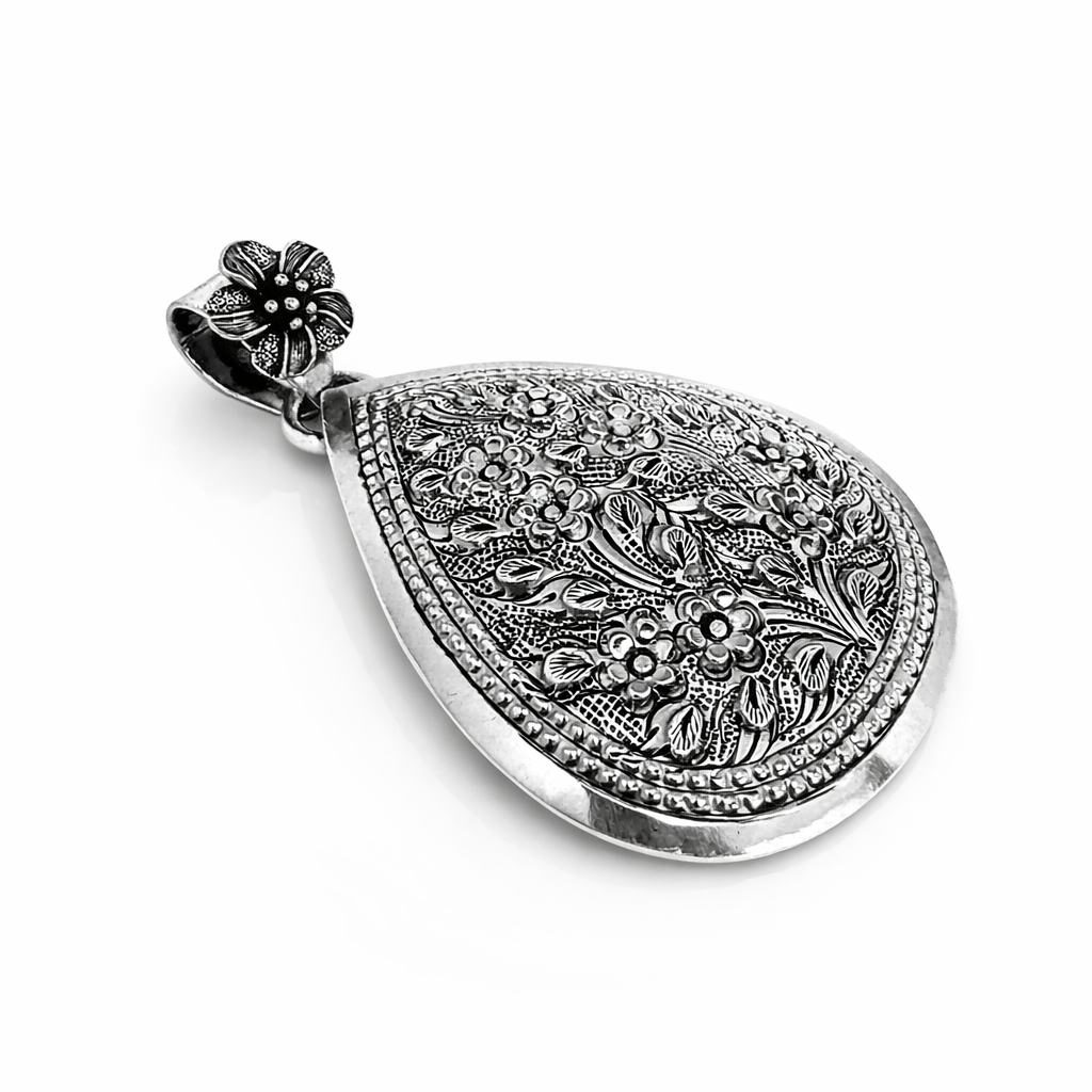 Pingente Mandala Gota Floral Prata de Bali 925