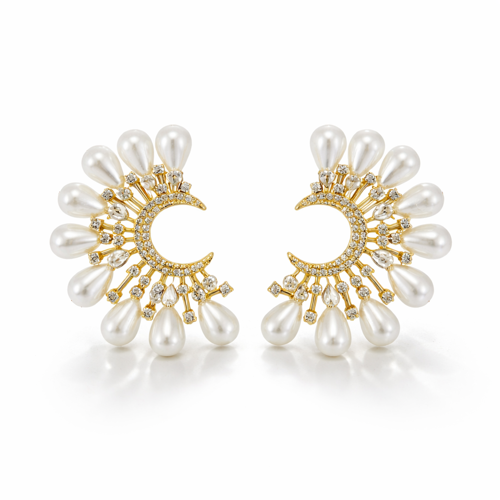 Brincos Leque com Perolas Sintéticas Banhado a Ouro 18k Dourado