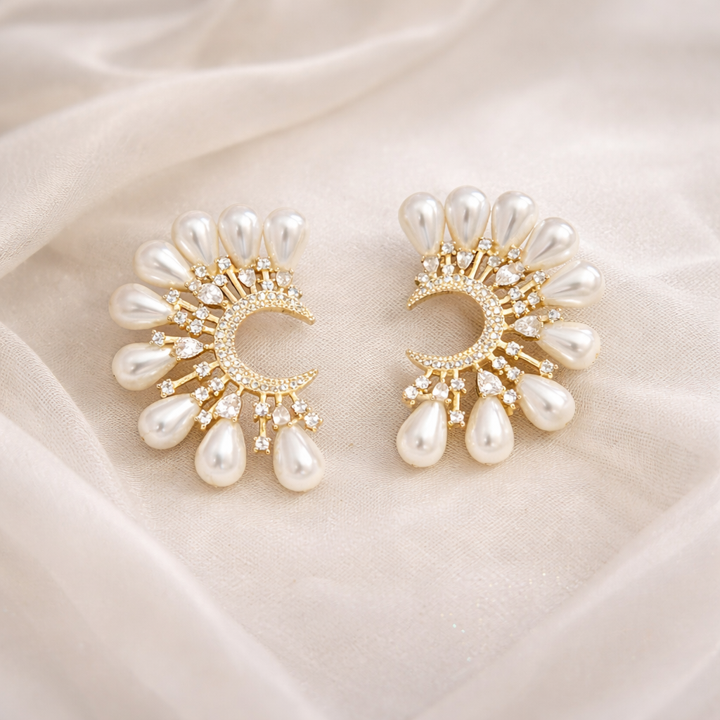 Brincos Leque com Perolas Sintéticas Banhado a Ouro 18k Dourado Dourado 2