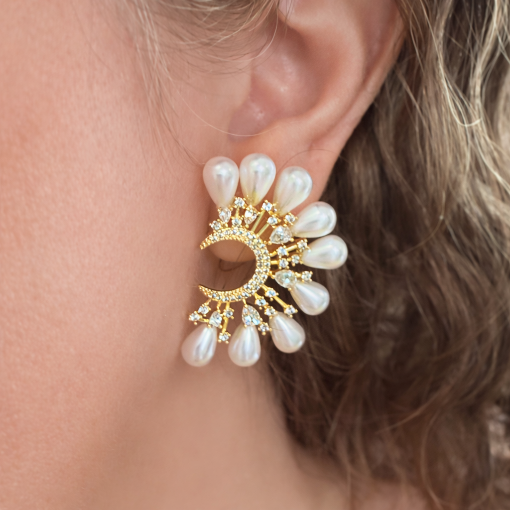 Brincos Leque com Perolas Sintéticas Banhado a Ouro 18k Dourado Dourado 3