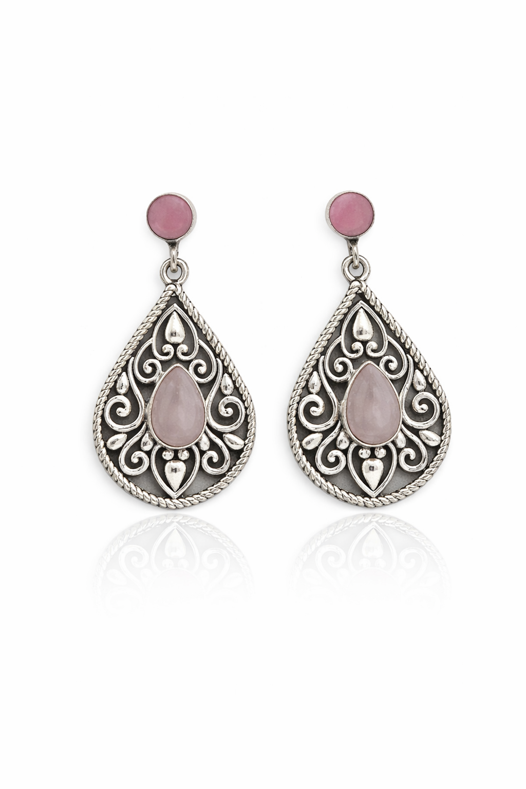 Brincos  Indianos Quartzo Rosa Prata de Bali 925