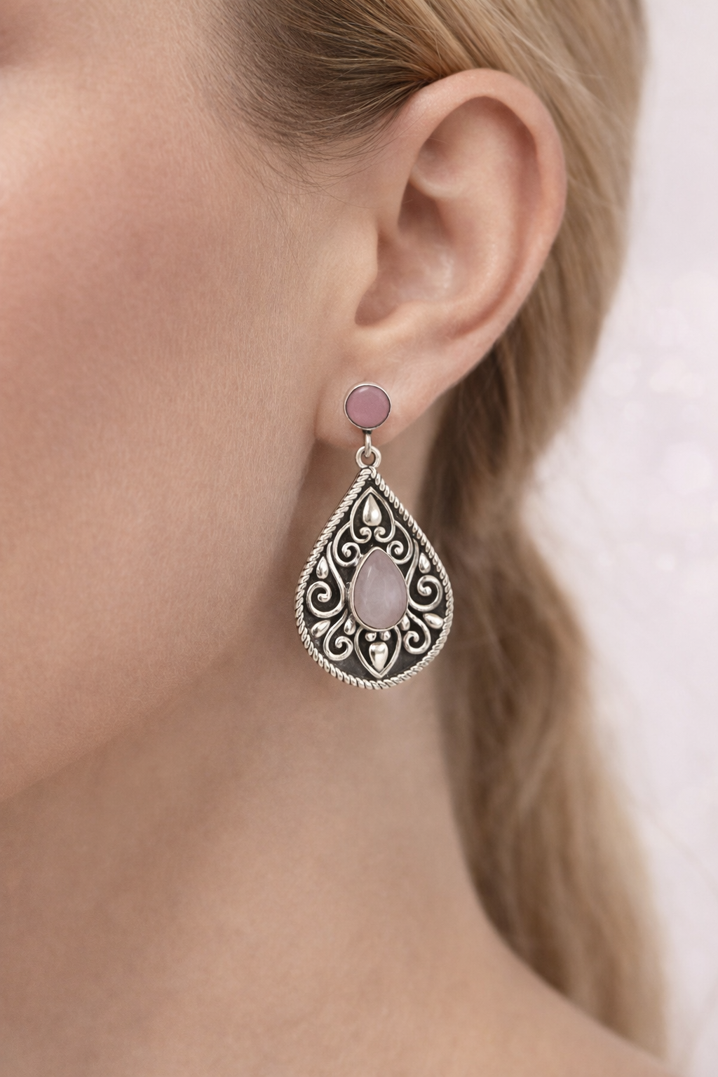 Brincos  Indianos Quartzo Rosa Prata de Bali 925 Prata 2