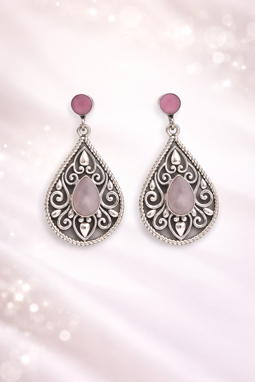 Brincos  Indianos Quartzo Rosa Prata de Bali 925 Prata 3