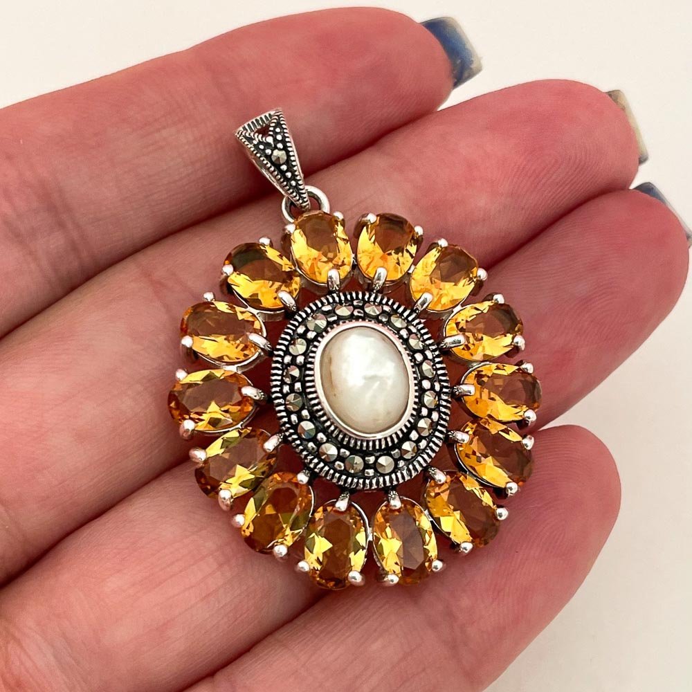 Pingente Mandala Citrino com Madreperola Prata 925 Dourado 3