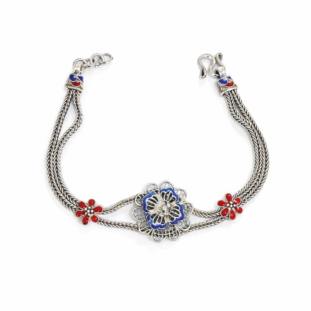 Pulseira Closonet FlorAzul com Vermelho Prata de Bali 925