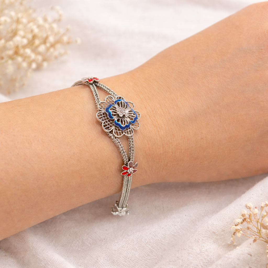 Pulseira Closonet FlorAzul com Vermelho Prata de Bali 925 Prata 2