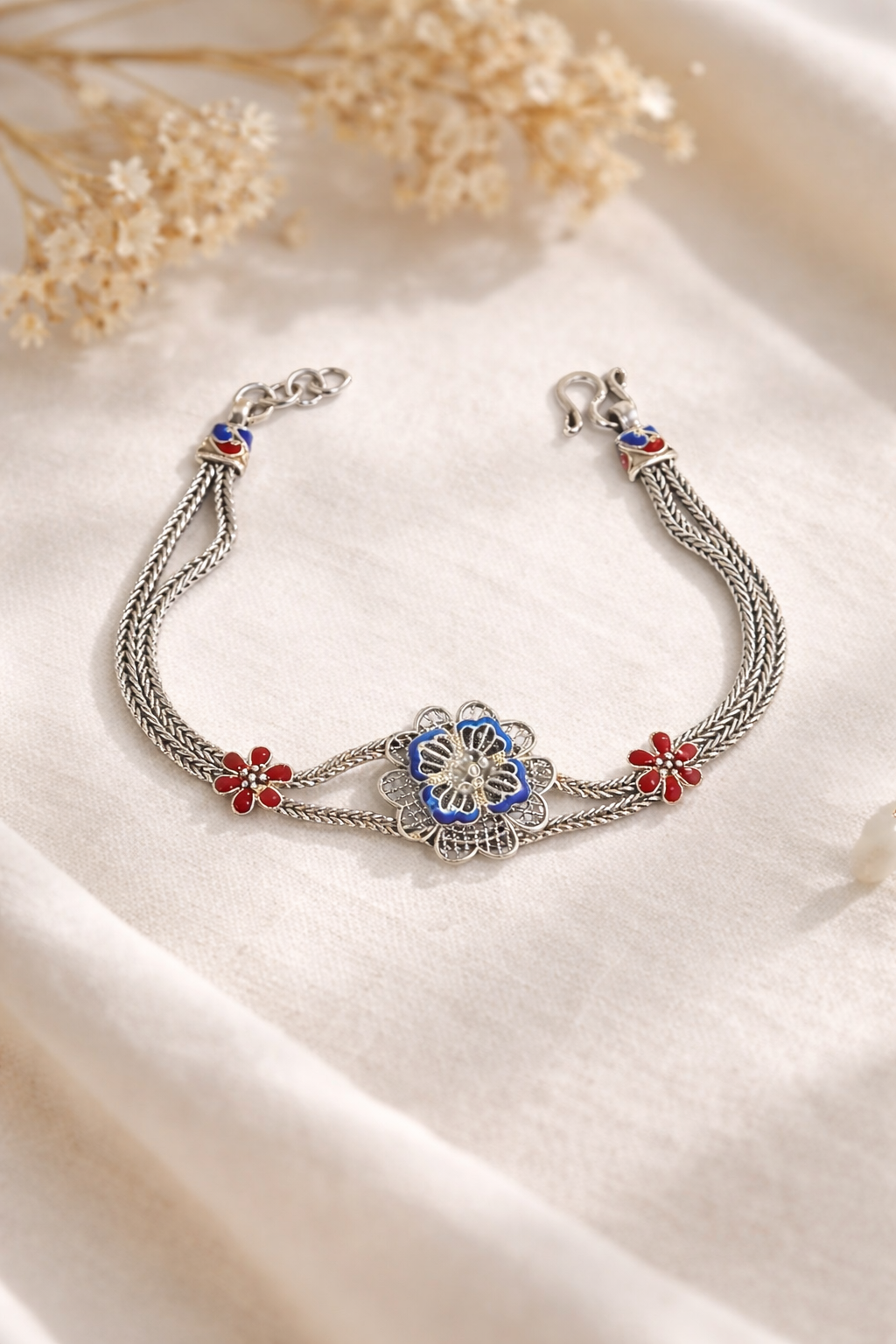 Pulseira Closonet FlorAzul com Vermelho Prata de Bali 925 Prata 3