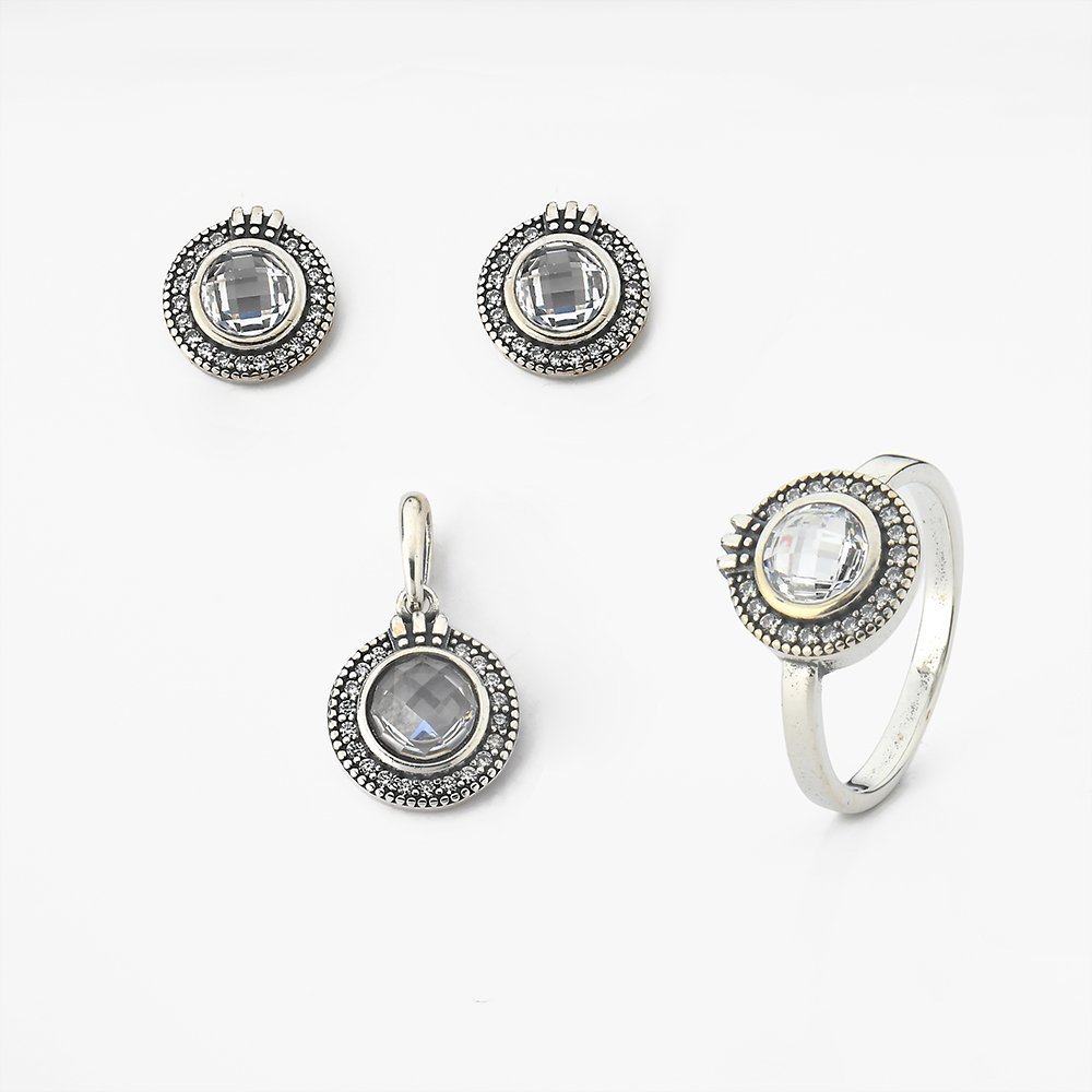 Conjunto Brinco Pingente e Anel com Cristal e Zircônias Prata 925 Prata 1