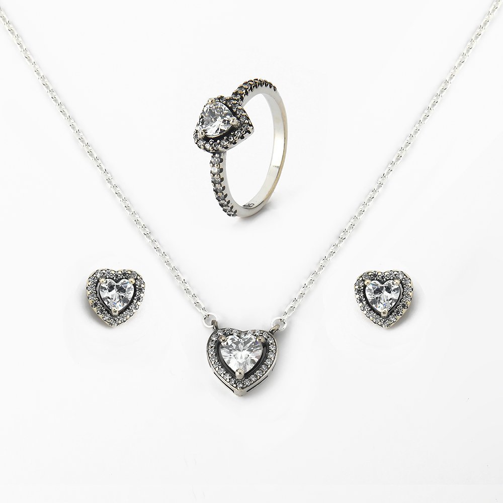 Conjunto Colar Brinco e Anel Com Zircônia Prata 925 Prata 1