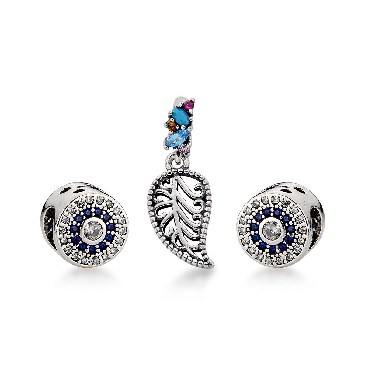 Kit com Berloques Afastadores Azuis e Folha em Prata 925 Prata 1