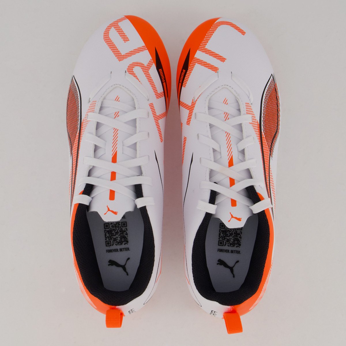 Chuteira Puma Ultra 5 Play FG/AG Campo Juvenil Branca e Laranja Branco/Laranja 6