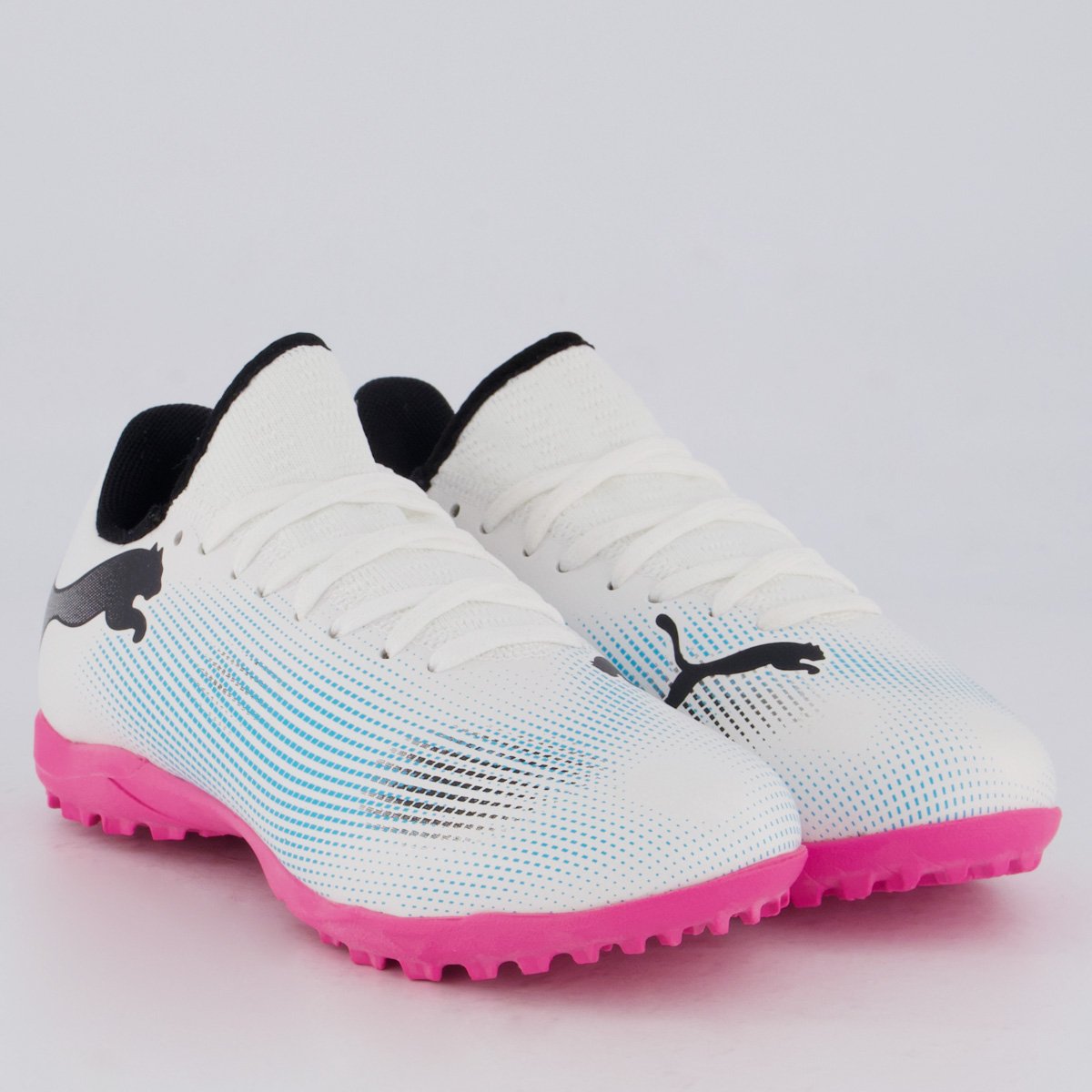 Chuteira Puma Future 7 Play Society Juvenil Azul e Rosa Branco/Rosa 2