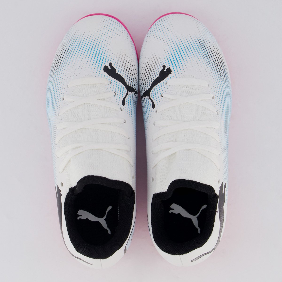 Chuteira Puma Future 7 Play Society Juvenil Azul e Rosa Branco/Rosa 4