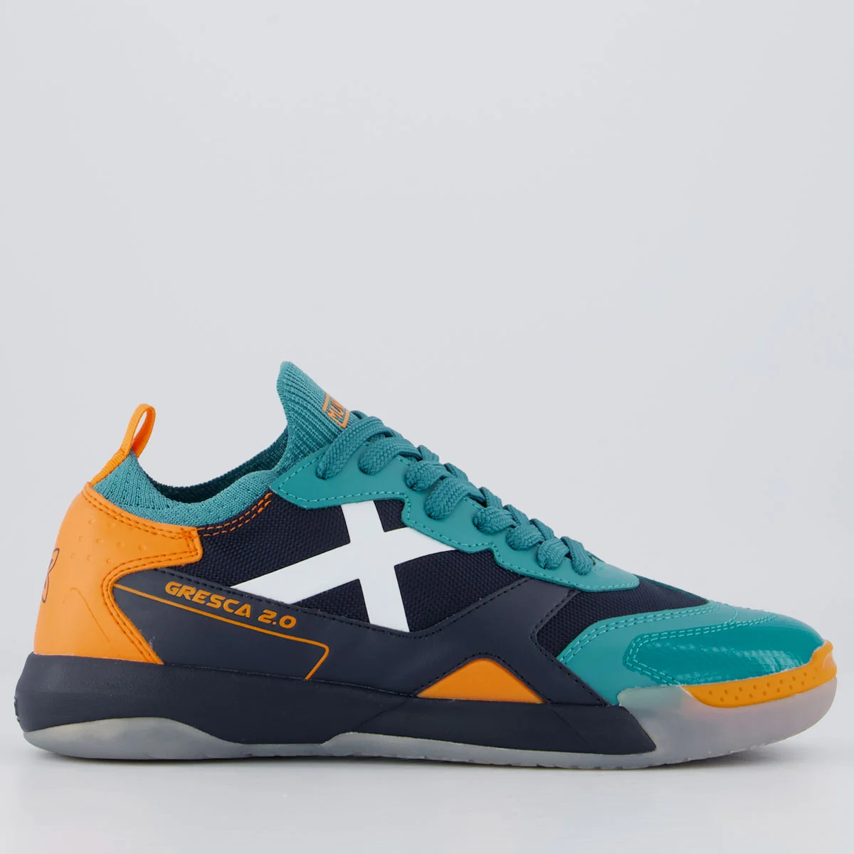 Chuteira Munich New Gresca 2.0 Futsal Azul e Laranja Multicores