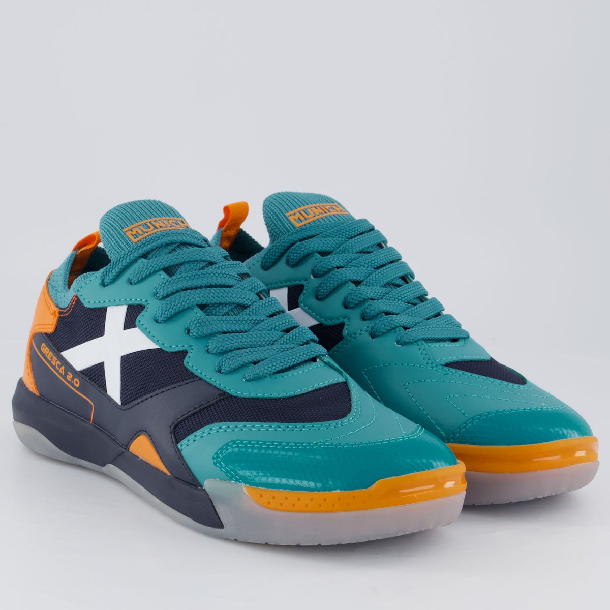 ダッチ Chuteira Munich New Gresca 2.0 Futsal Azul e Laranja Multicores
